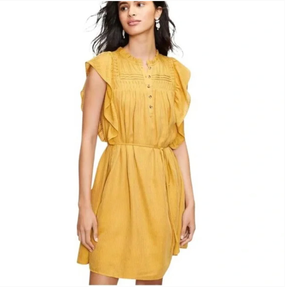 LOFT Pintucked Ruffle Swing Dress L Mustard Yellow Tie Waist Western Boho